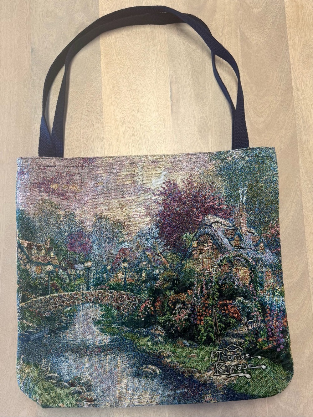 Tapestry Tote Bag Artwork "Lamplight Bridge" by artist Thomas Kinkade